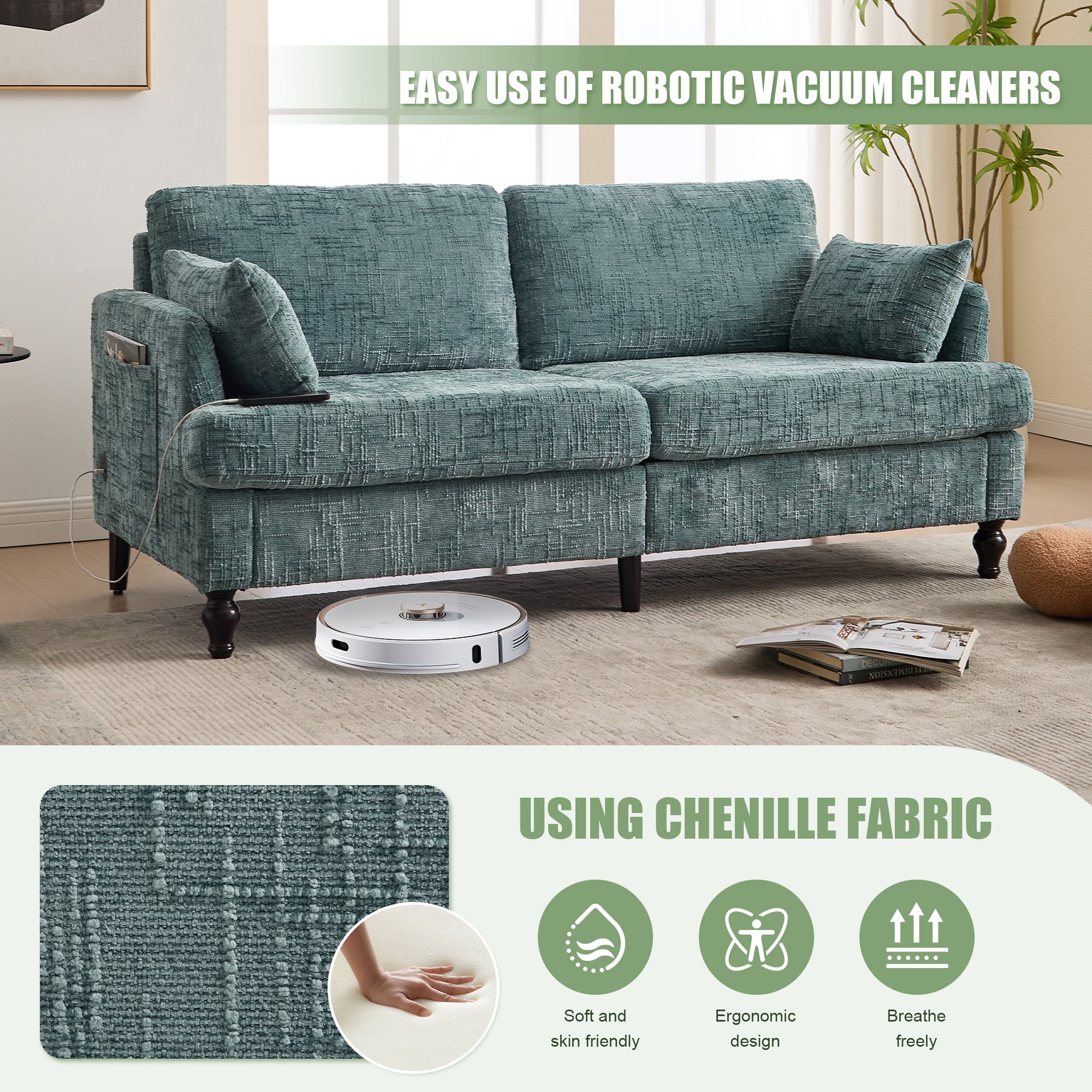 68.9" Sofa Couch,Modern 2 Seater Upholstered Loveseat Sofa Couch with LED light&USB for Living Room,Bedroom,Lake Blue
