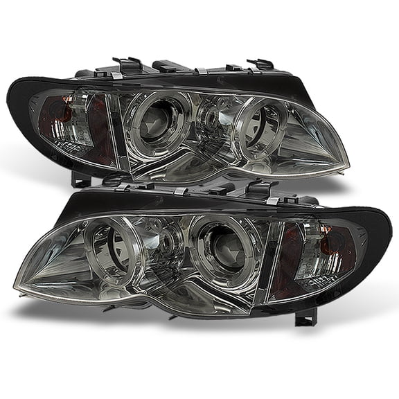 AKKON - For BMW E46 3-Series 4 Doors Sedan Smoke Dual LED Ring Projector Headlights Left  Right Replacement