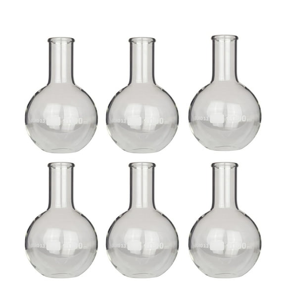 Flask Flat-Bottom Florence Boiling Flask, Standard Neck, 1000ml capacity. Made from Borosilicate Glass. A good fit for any laboratory, science classroom, or homeschool. Sold in a pack of 6 flasks.