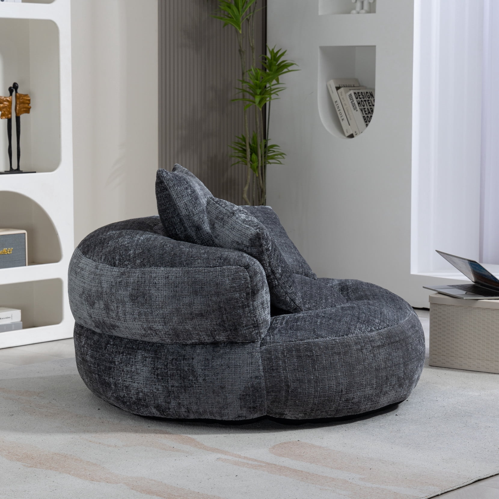 Oversized Chenille Bean Bag Chair for Adults & Kids, Indoor & Outdoor Lazy Bean Bag Sofa with Wrap-Around Backrest & Pillows for Bedroom, Living Room, Playroom, 42.52''x42.52''x20.47'', Gray