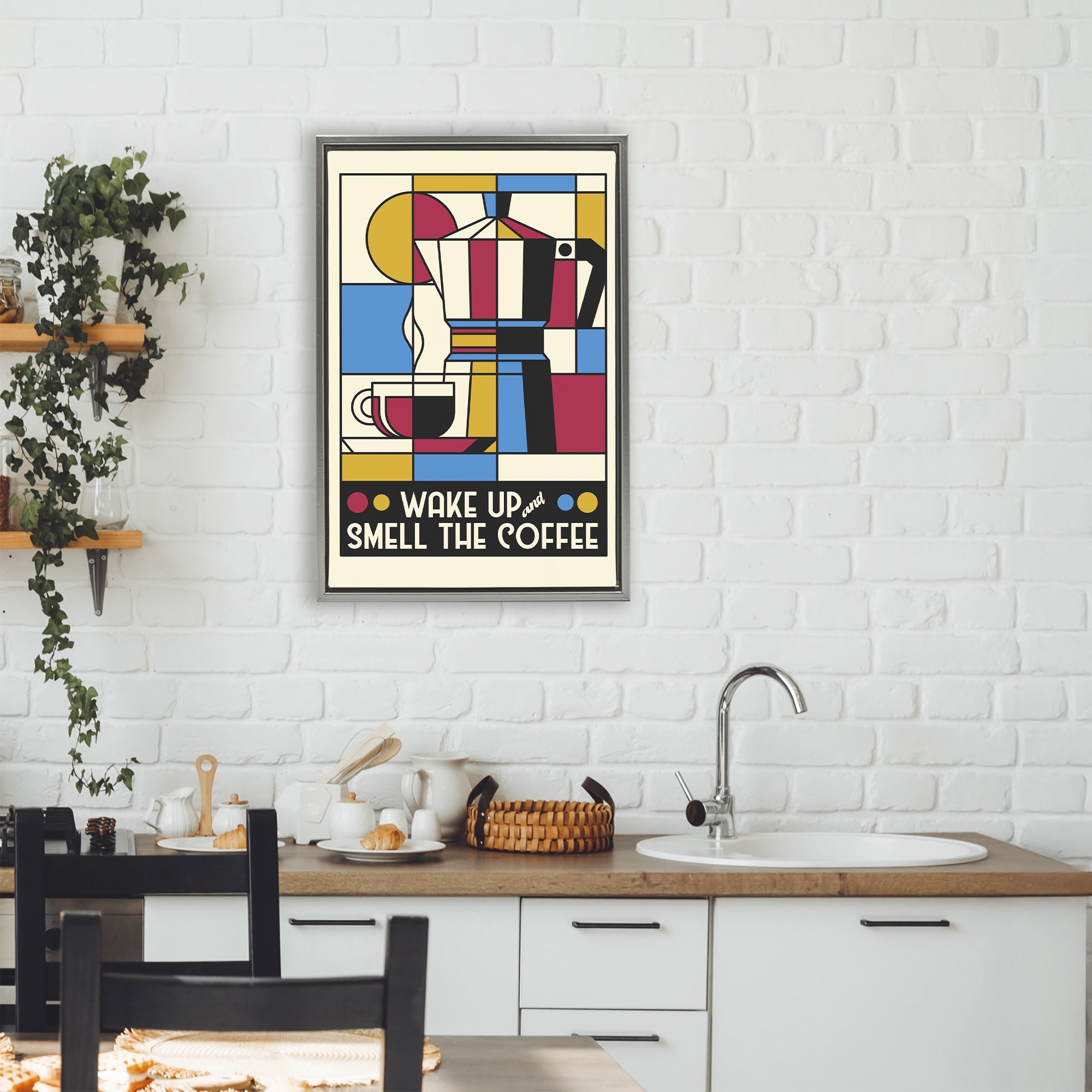 Stupell Industries Retro Wake Up & Smell Coffee Gray Framed Floater Canvas Wall Art, design by Tobe Fonseca