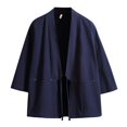 thumbnail image 1 of Haseil Cárdigan tipo kimono para hombre, chaquetas japonesas, algodón informal, camisa de manga 3/4, abrigo frontal abierto, lino ligero, Yukata, azul marino, talla 2XL = talla L, 1 of 5