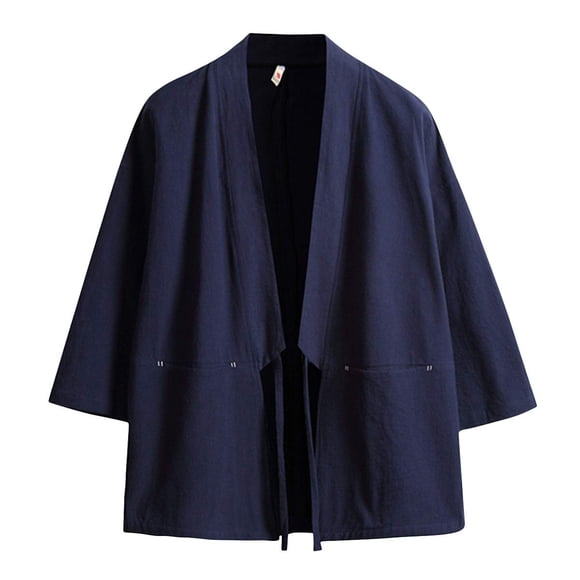 Haseil Cárdigan tipo kimono para hombre, chaquetas japonesas, algodón informal, camisa de manga 3/4, abrigo frontal abierto, lino ligero, Yukata, azul marino, talla 2XL = talla L