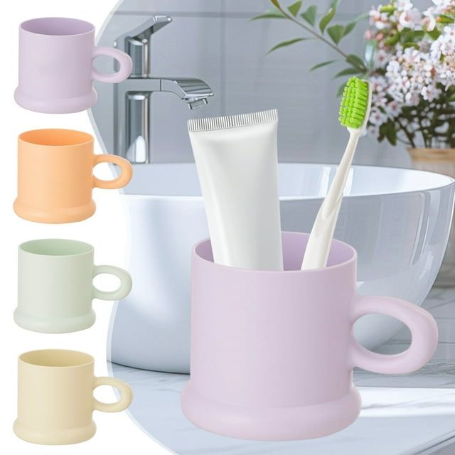 Vaso Portátil para Enjuague Bucal con Asa Antideslizante | 4 Colores (Blanco, Verde, Naranja, Morado) | Vaso de Plástico para Viaje, Ideal para Pasta de Dientes y Enjuague Bucal | 8,5 X 8 X 6 Cm