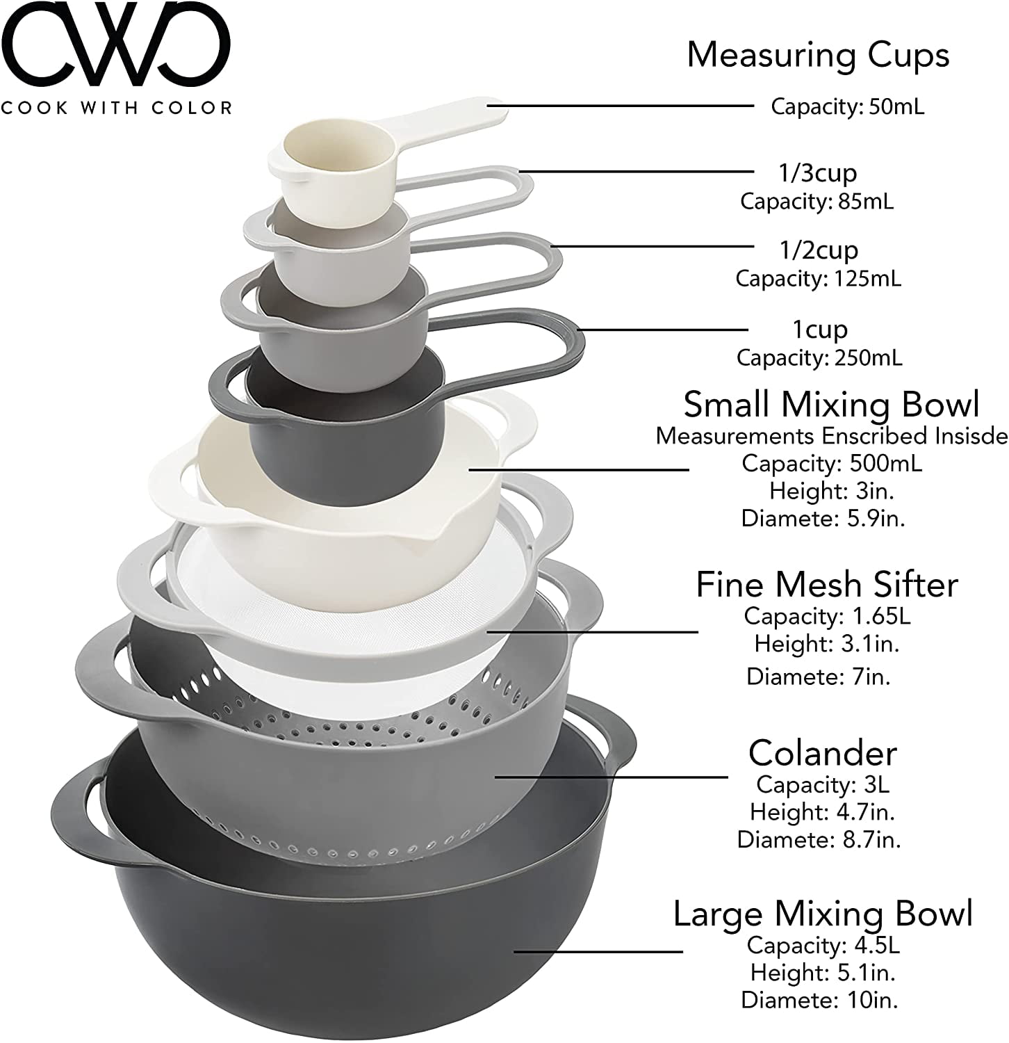 Lccowot 8PCS Mixing Bowls, Plastic Mixing Bowl Set, includes 2 Mixing Bowl,  1 Colander, 1 Sifter and 4 Measuring Cups, Space Saving Nesting Mixing