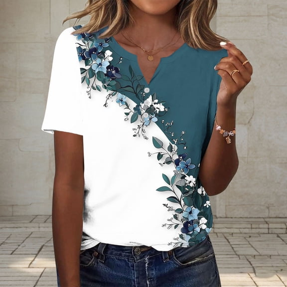 Zorckvet Womens Button Shirts Printed Tops Casual Plus Size Trendy V Neck Blouses for Women