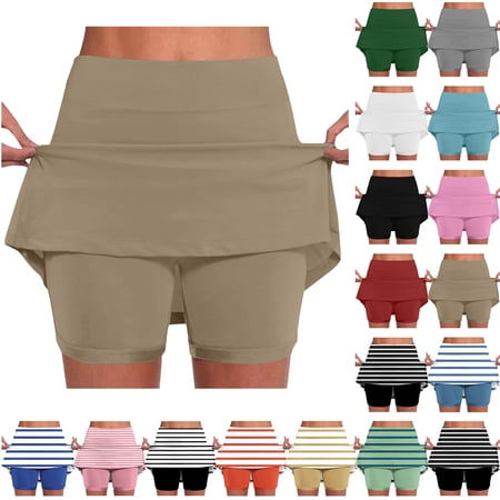 BiZtdJrK Women s Casual Skorts Striped High Waisted Golf Tennis Skirts Fashion Summer Mini Skirt with Shorts Pockets Blue XXL