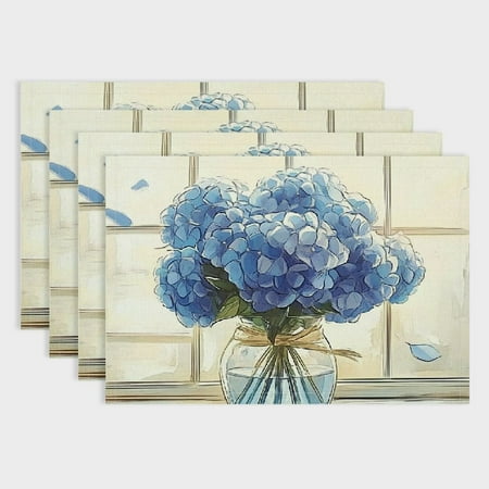 

PRATYUS Blue Flowers Linen Table Mat Set of 4 for Birthday Parties Christmas Restaurants Buffets & Home Decor 18x12in