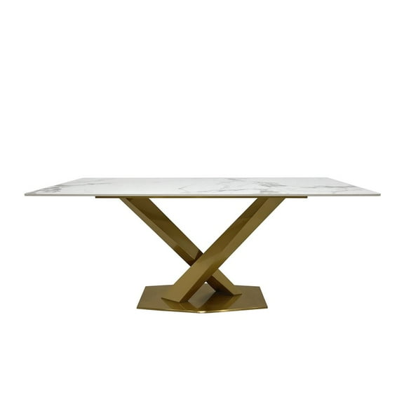 Dining Table with White Slate Marble Top and Matte Gold Base