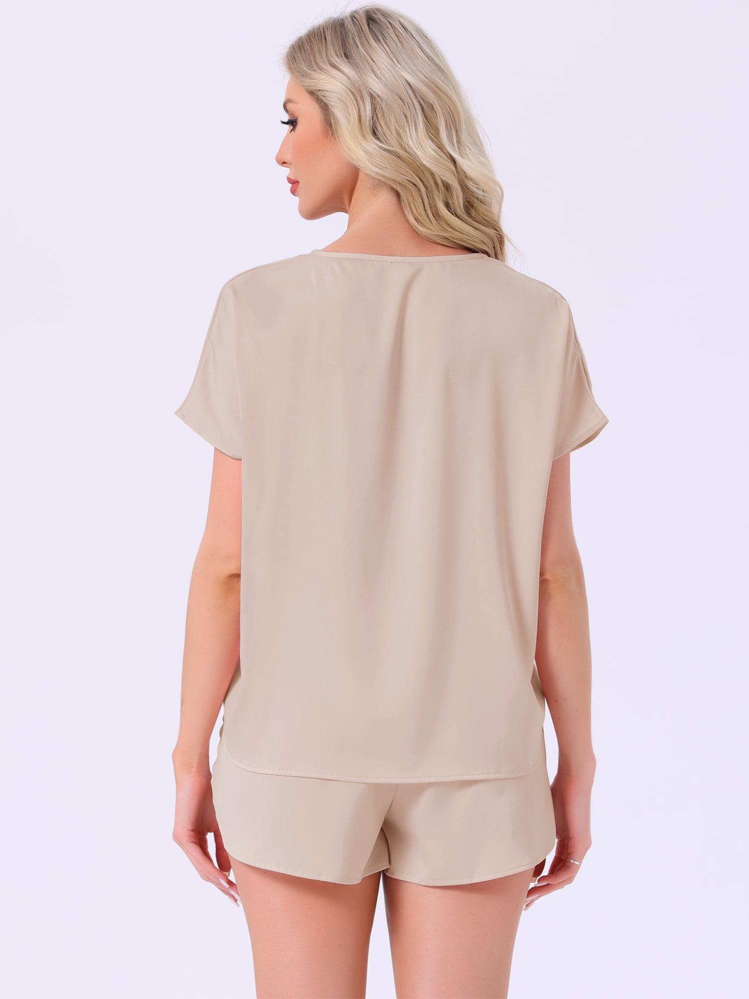 DARING DIVA Satin Pajama Short Sleeve Crew Neck Top Set S Beige