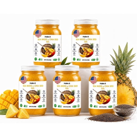 Halevit Wildcrafted Irish Sea Moss Gel, Chia Seed, Mango Pineapple, Raw Supplement Made in USA , 80 Oz, 5-Pack