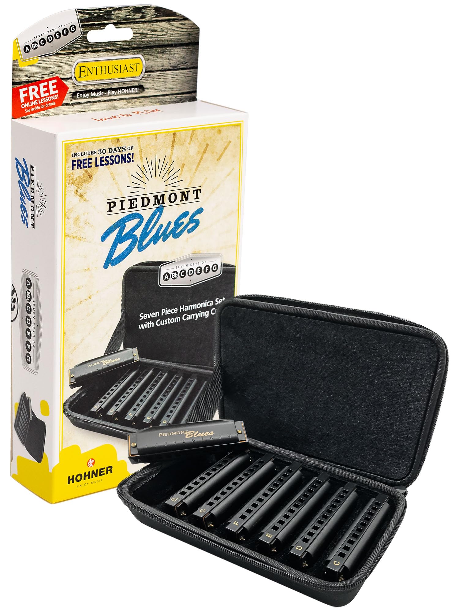 Hohner Piedmont Blues Harmonica 7 Pack - Keys of G, A, Bb, C, D, E, F Bundle with Case, Zip Pouch, Online Manual, and Austin Bazaar Polishing Cloth