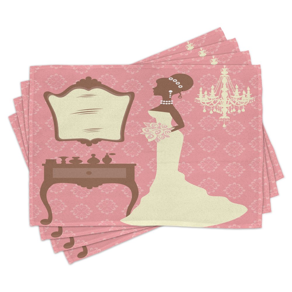 Bridal Shower Placemats Set of 4 Wedding Dress with Flowers and Vanity Swirl Backdrop