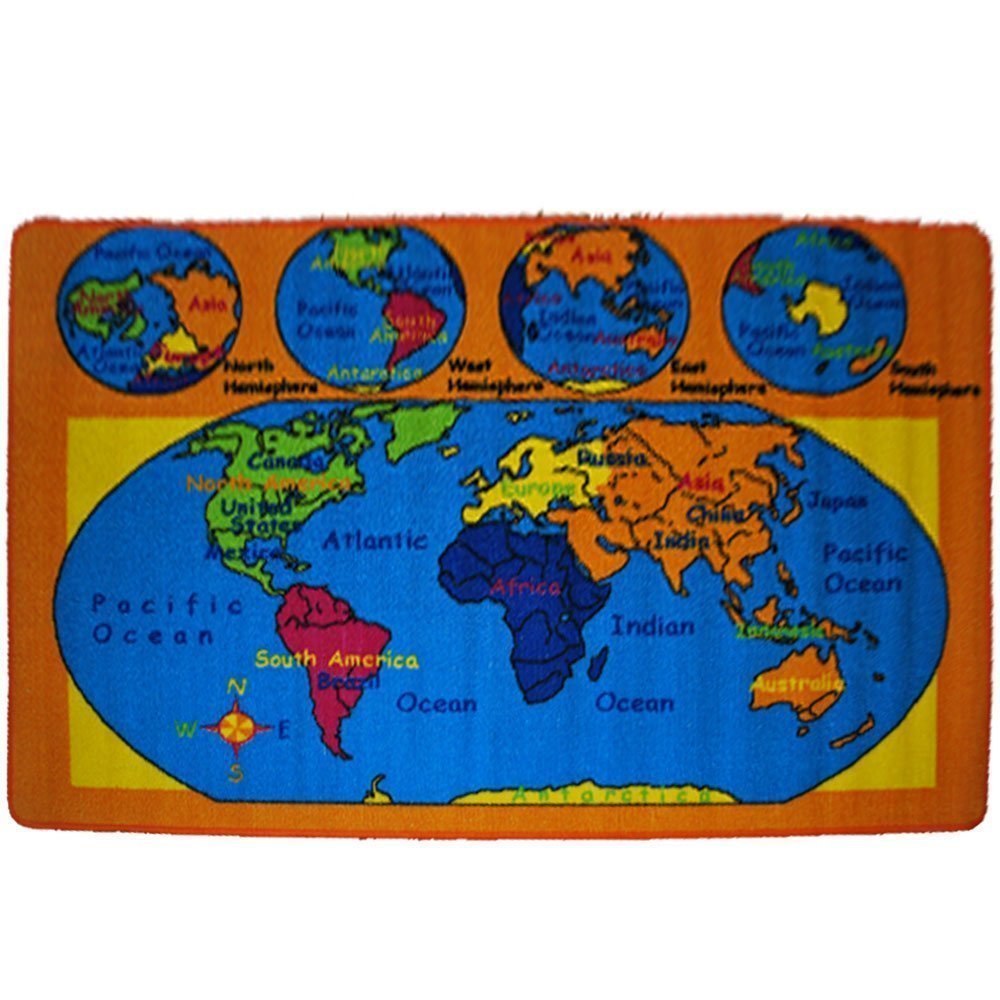 World Map Kids Area Rug 5' x 7' Children Globe Carpet Playroom