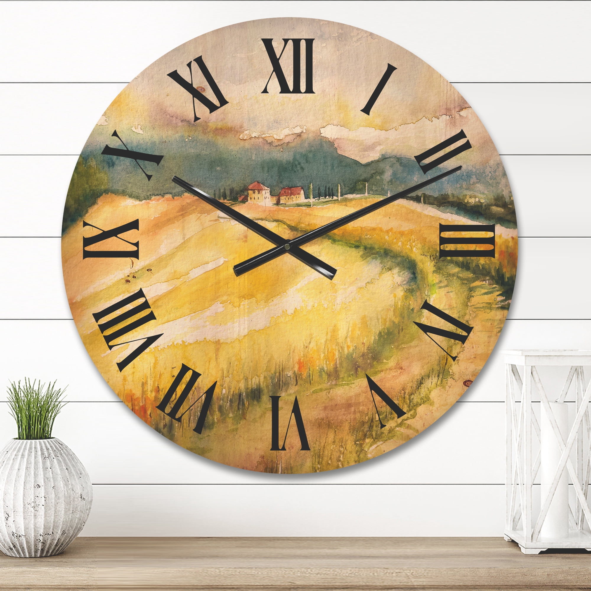 Designart 'Golden Grass Fields of Tuscany Italy' Country Wood Wall Clock