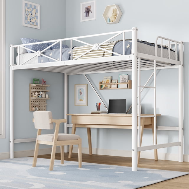 Heavy Duty Twin Loft Bed with Safety Guard Rails, Space Saving Steel Loft Bed with Metal Slats Support, No Box Spring Needed, Easy Assembly, White Gray or Black
