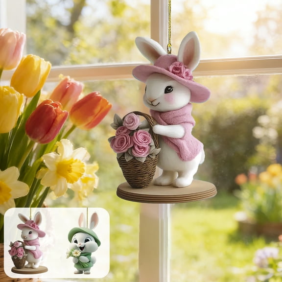 AZXY Easter Bunny Ornaments for Tree, 2D Flat Miniature Easter Hanging Decorations, Small Easter Bunny with Basket Ornaments for Small Tree, Easter Party & Home Indoor Outdoor Decor