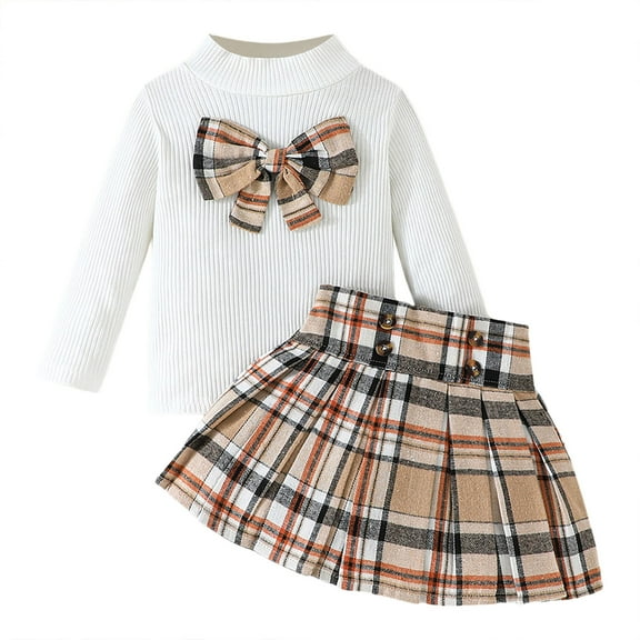 Utlike Baby Girls Outfits Long Sleeve Top Plaid Printed Bow Skirt Two Piece Set Cute Clothing Set For Girl Size 2 Years-3 Years