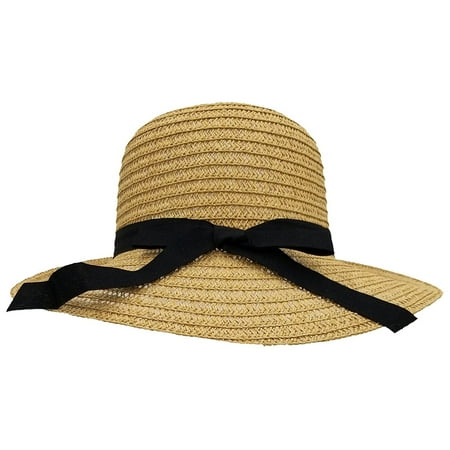 Woven Sun Hats for Women, Chic Summer Ladies Fashion Hat, Sylish Ribbon (Ribbon Bow - Brown, 1 Pack)