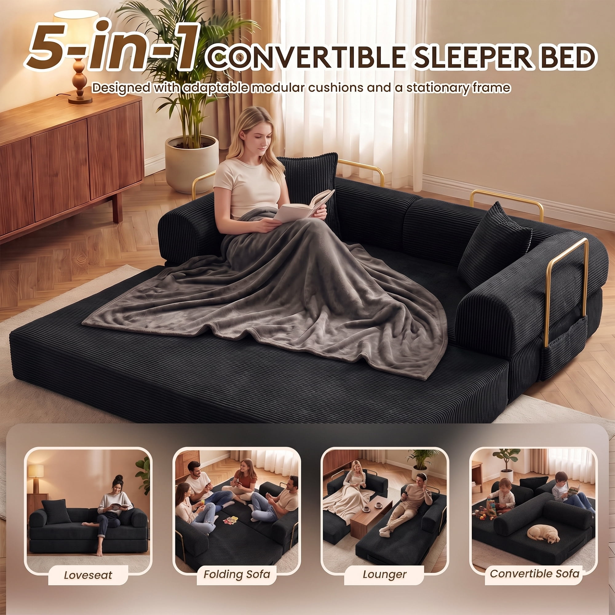 Aukfa 79" Convertible Futon Sofa Bed with Fixed Frame, 5-in-1 Boneless Couch for Living Room, Corduroy, Black