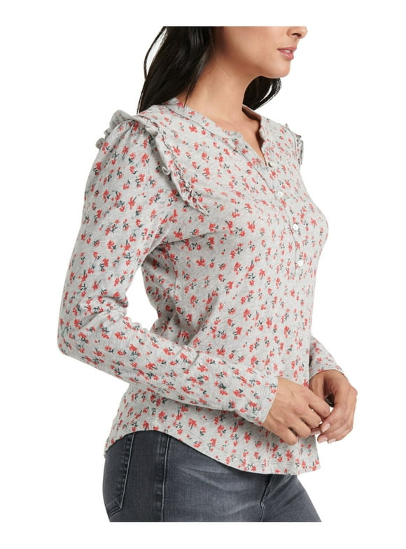 LUCKY BRAND Womens Gray Floral Long Sleeve V Neck Top Size: XS