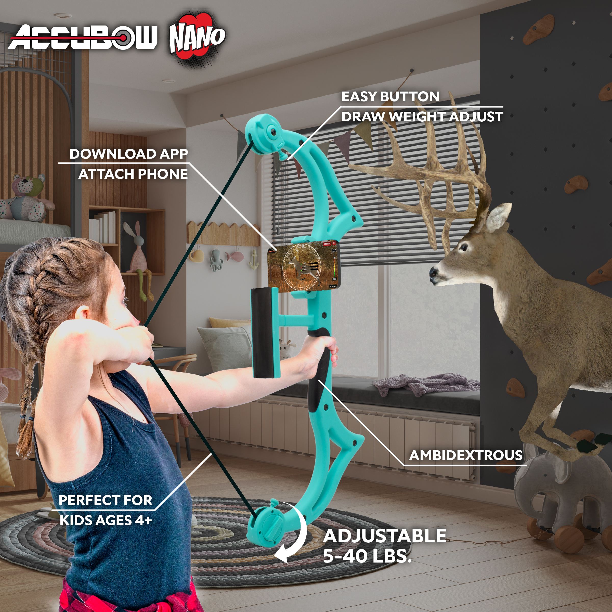AccuBow Nano Aqua Youth Virtual Archery Gaming & Shooting - 5-40lbs Adjustable Resistance, Phone Mount Included, Compact & Lightweight, Ambidextrous