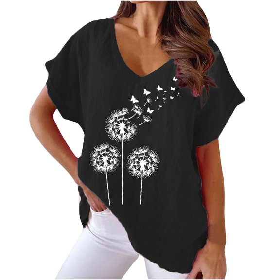 Fesfesfes Athletic Shirts Women V-neck Print T- Fashion Comfortable Female Blouses Tops Short Sleeve Tops for Women L(US:8)