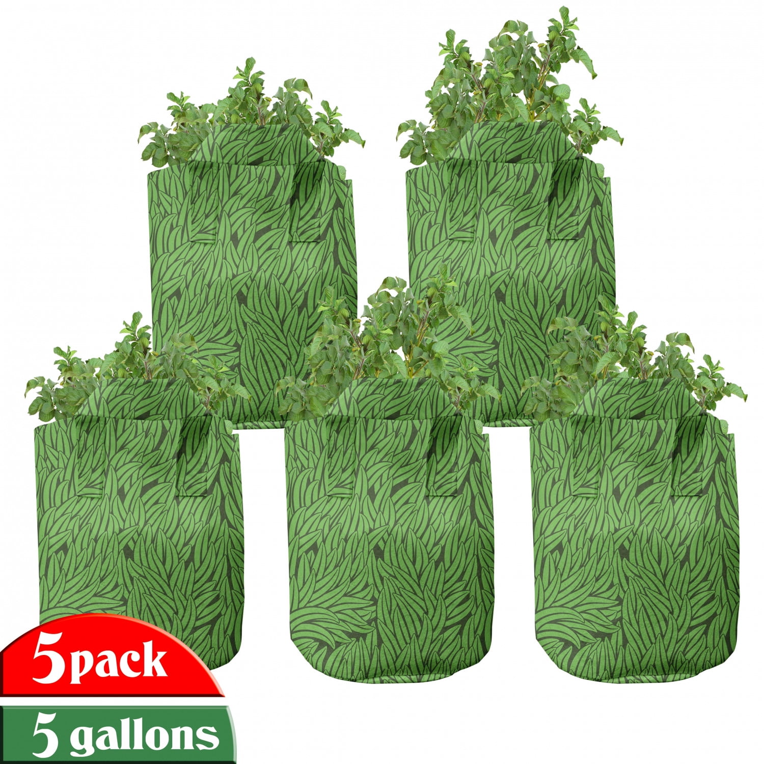 Green Grow Bags 5Pack, Grass Growth Abstract, Heavyduty Fabric Pots with Handles for Plants, 2