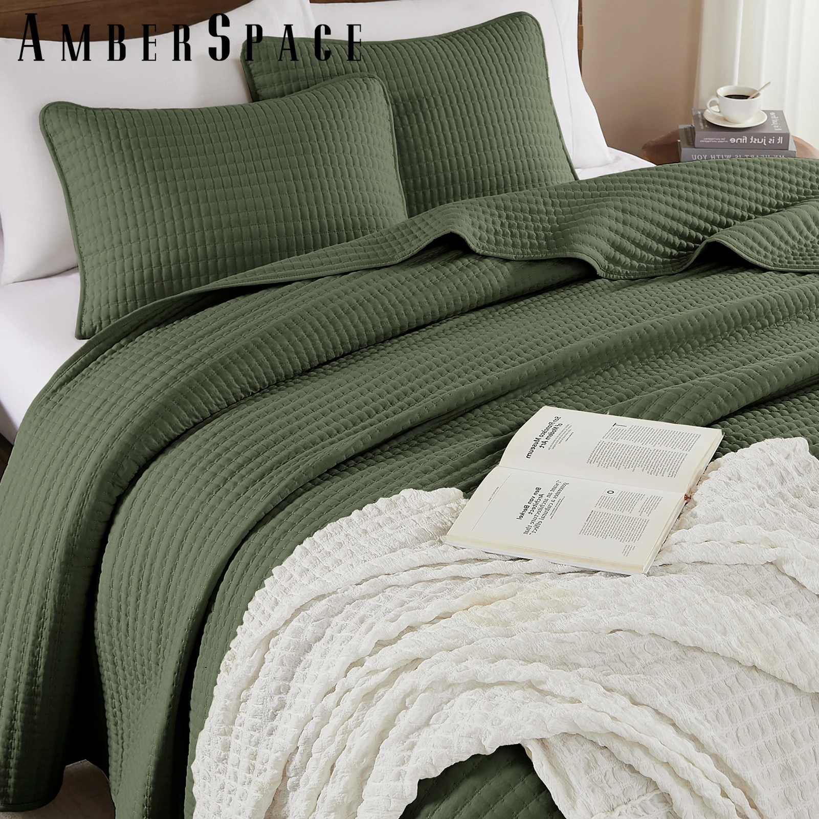 Amberspace Lightweight 2-Piece Bed in a Bag Quilt Set with Pillow Shams,Olive Green,Twin