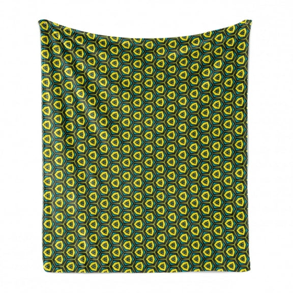 Yellow and Green Soft Flannel Fleece Throw Blanket, Colorful Vintage Illustration with Hexagons, Cozy Plush for Indoor and Outdoor Use, 50" x 60", Green Yellow Green, by Ambesonne