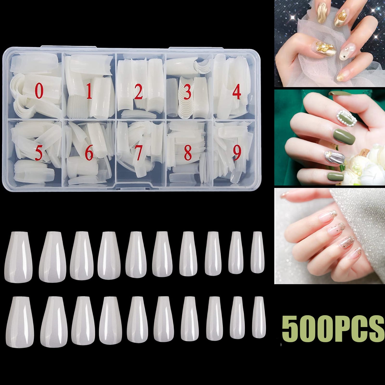 EEEkit 500PCS Natural False Nail Tips Long Full Cover Acrylic Fake Nails Artificial Nails 10 Sizes for Nail Salons and Home DIY