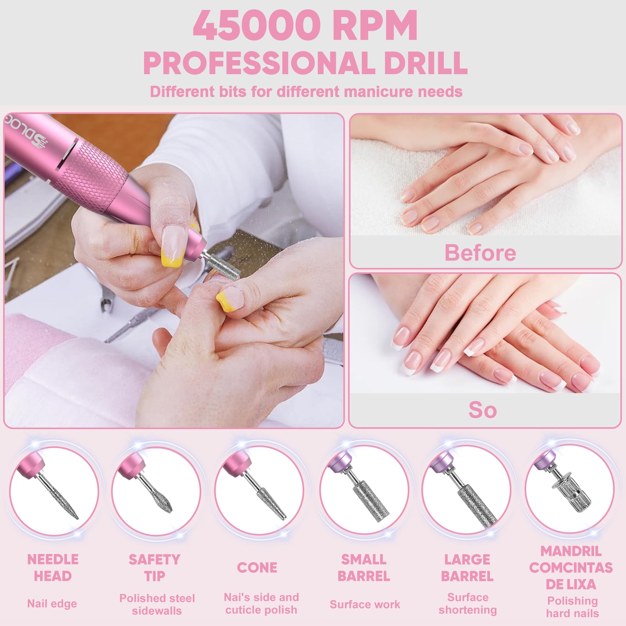 Sdlogal Professional Electric Nail File Drill Kit Rechargeable Manicure 45000 RPM Battery Powered
