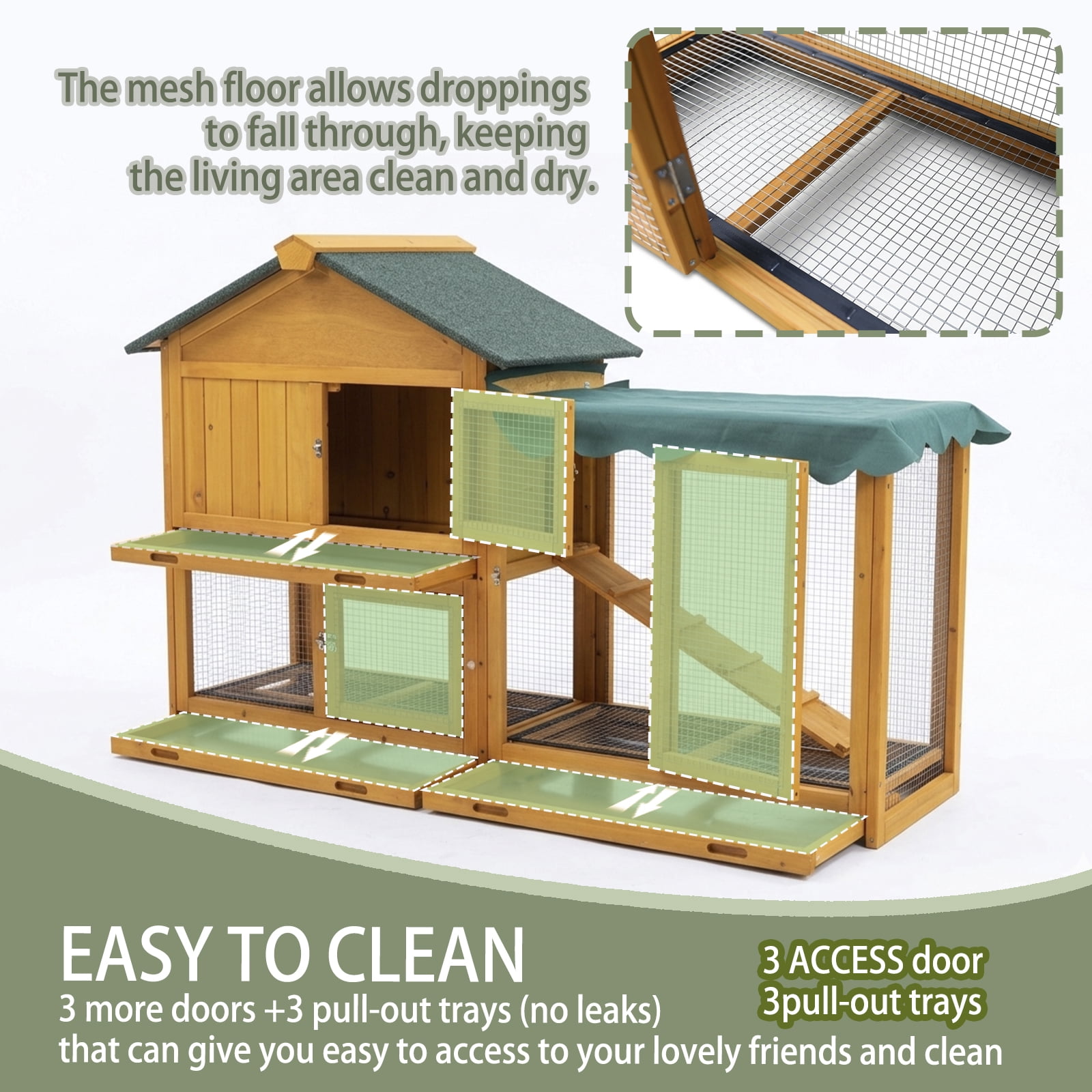 61" Large Wooden Rabbit Hutch with Run, 2-Tier Bunny Cage Indoor Outdoor with Pull-Out Tray & Waterproof Roof, Pet House for Rabbits, Chickens, Hamsters, Guinea Pigs