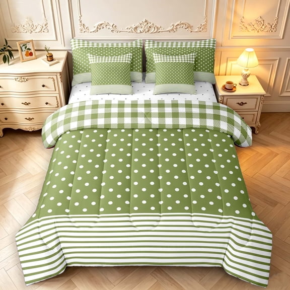 Manfei Classic Plaid 7-Piece Twin Bedding,Cute Polka Dot Bedding Comforter Set,Olive,Reversible