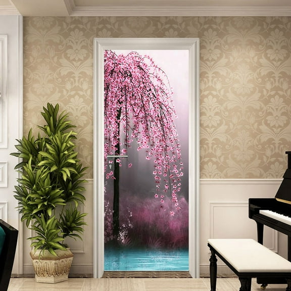3D Door Stickers for Interior Doors Enchanted Tree with Pink Flowers Near Lake Vinyl Waterproof Self Adhesive Door Mural Decals for Bedroom Office Bathroom