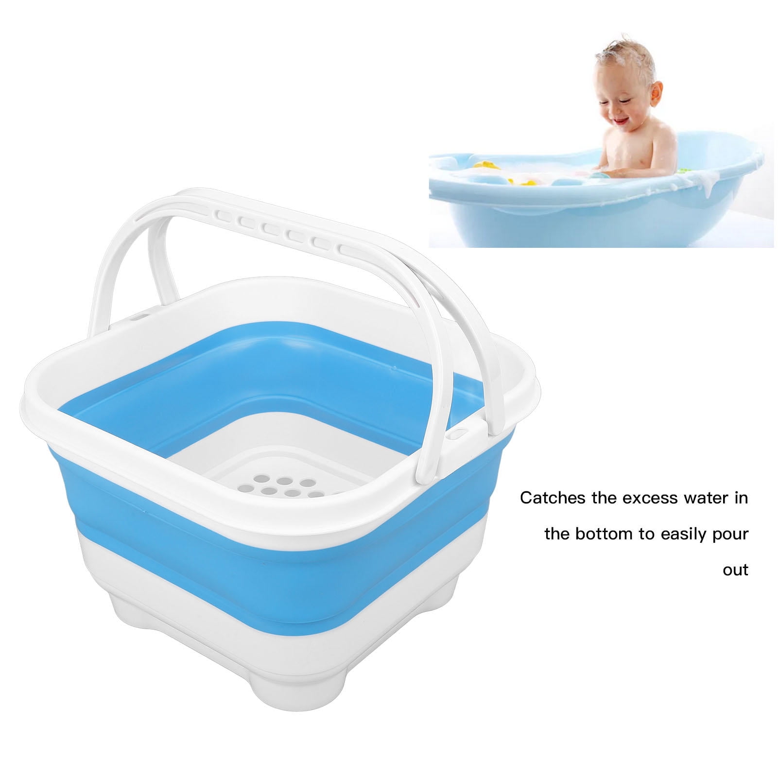 Yajisi Foldable Bath Toy & Toiletry Storage Bin with Removable Base, Quick‑Drain, High Capacity, Cute White & Blue