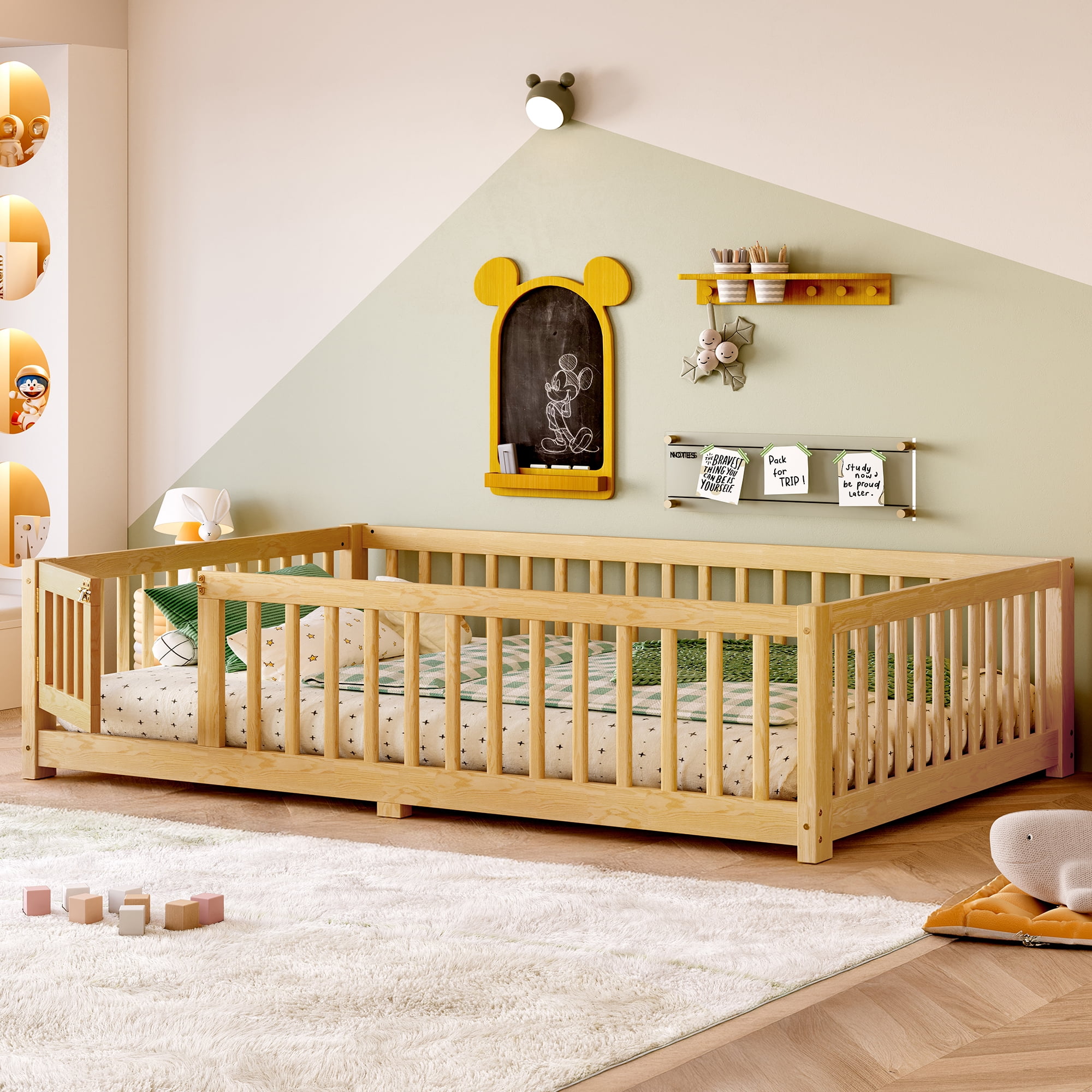 Jopath Full Size Floor Bed Frame,Montessori Bed with Guardrails and Door,with Slatted Base,for Kids,Boys,Girls,Natural