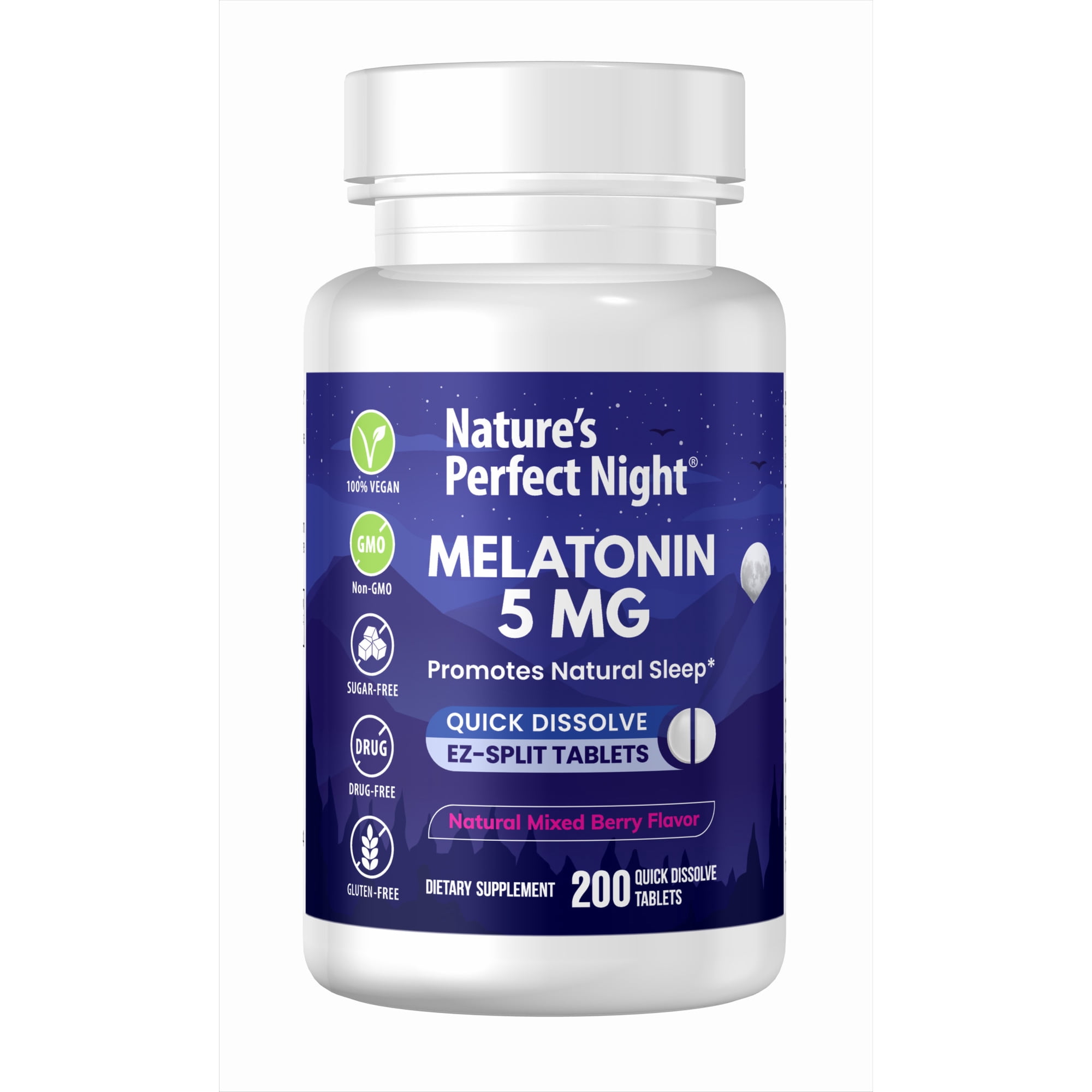 Nature's Perfect Night, Melatonin 5mg Supplement, 200 Quick Dissolve Tablets, Natural Berry Flavor