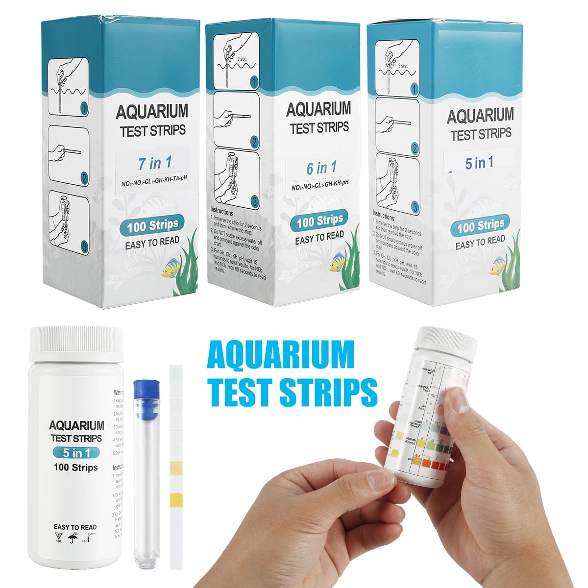 Jokapy 5 in 1 Aquarium Test Strips, 100 Strips Fish Tank Test Kit,  Freshwater Saltwater Aquarium Water Test Kit to Detect pH Nitrite Nitrate  Chlorine Carbonate Hardness 