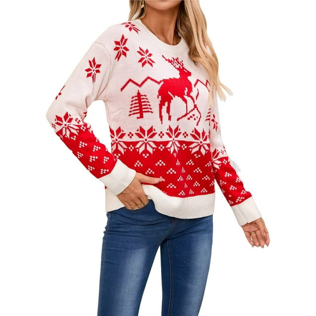 Women's Fall Winter Crew Neck Knitted Sweater Animal Ethnic Geometry Snowflake Cropped Boho Pullover Tops White XL