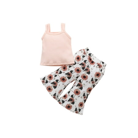 

Yinyinxull 2Pcs Kids Baby Girls Clothes Set Sleeveless Strap Pullover Vest Sunflower Printed Wide Leg Pants Pink 12-18 Months