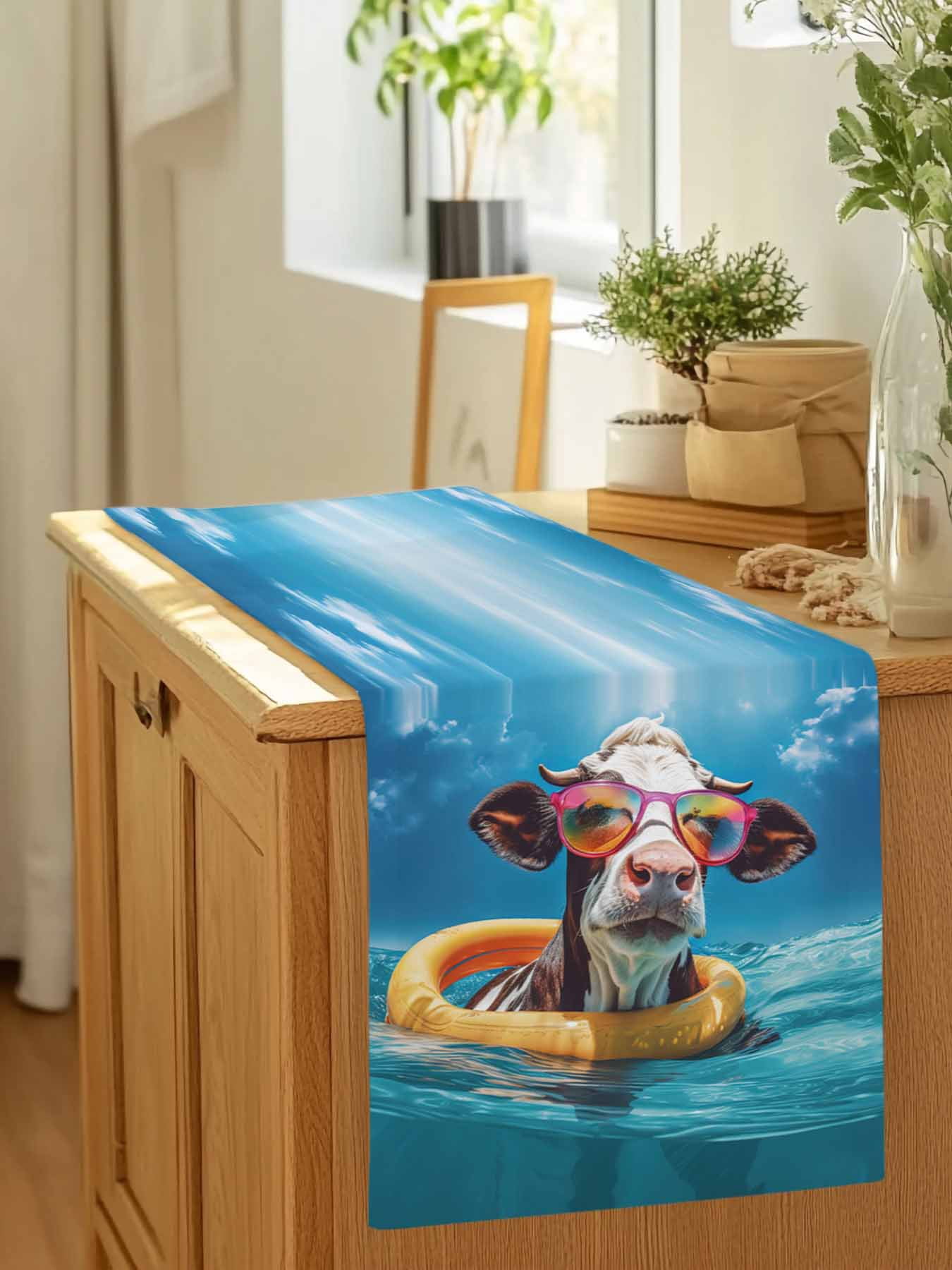 Sea Cow with Swimming Ring Sunglasses Table Runner 90 Inches Long, Summer Blue Sky Table Runners Tabletop Scarf Kitchen Dining Tables Decoration for Home Party Indoor Outdoor