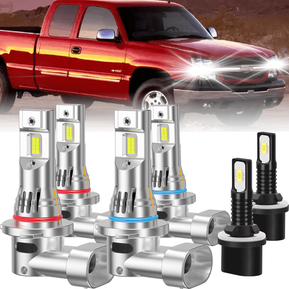 ROADSUN For 2001 2002 Chevy Silverado 1500HD LED Headlight Bulbs 6000K 6X LED Headlight High Low Fog Light Bulbs Combo