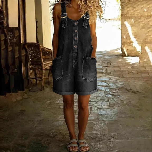 Hulanddfd Women's Jumpsuit Sleeveless Adjustable Strap Overall Pockets Denim Romper Black Size L
