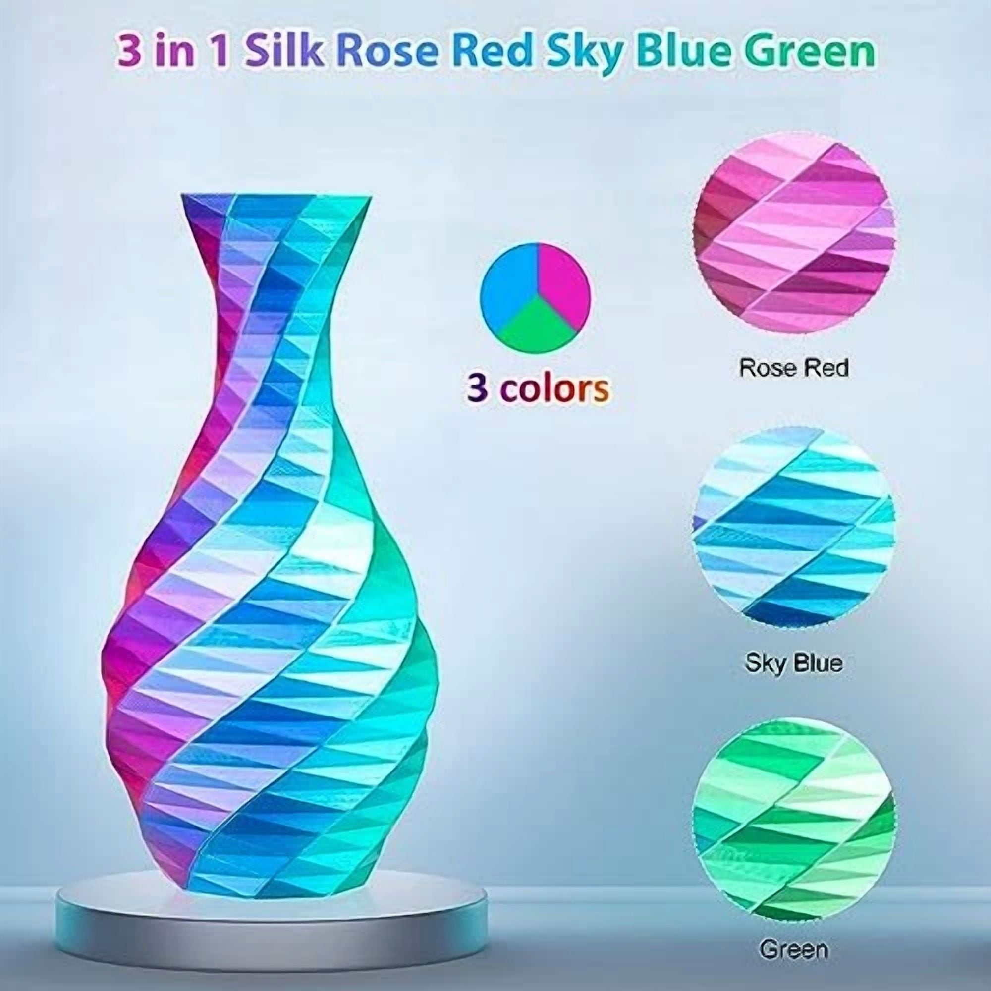 BUTTERFLY- Silk Pla 3D Printer Filament Triple 250G Tri Colors(Rose Red+Sky Blue+Green)