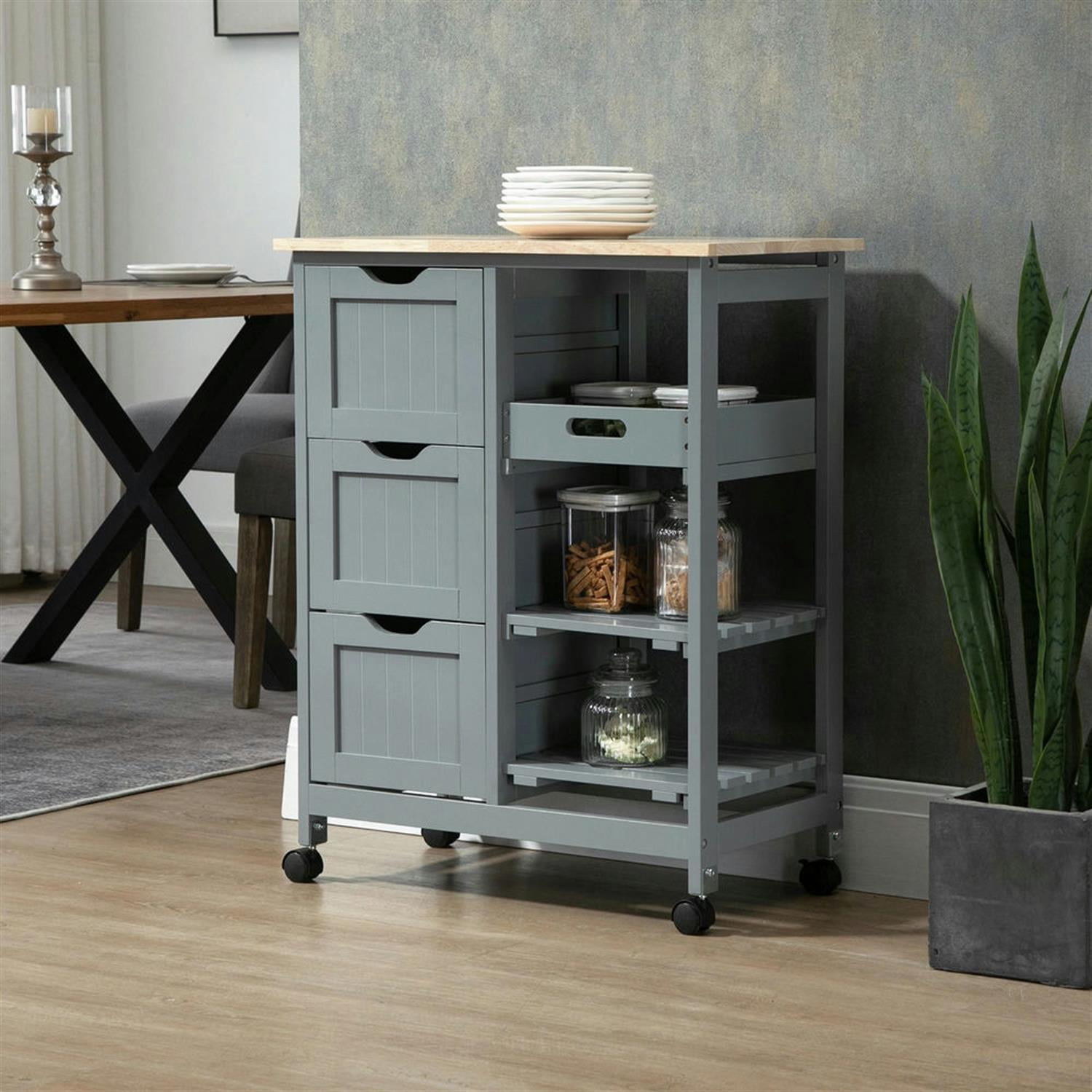 Demi Bonn 33" Kitchen Island Cart on Wheels with Storage, Rolling Dining Room Serving Utility Carts Mobile Movable with Wood Top and Drawer, Gray