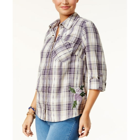 Style & Co Cotton Embroidered Plaid Shirt Tahoe Grape M