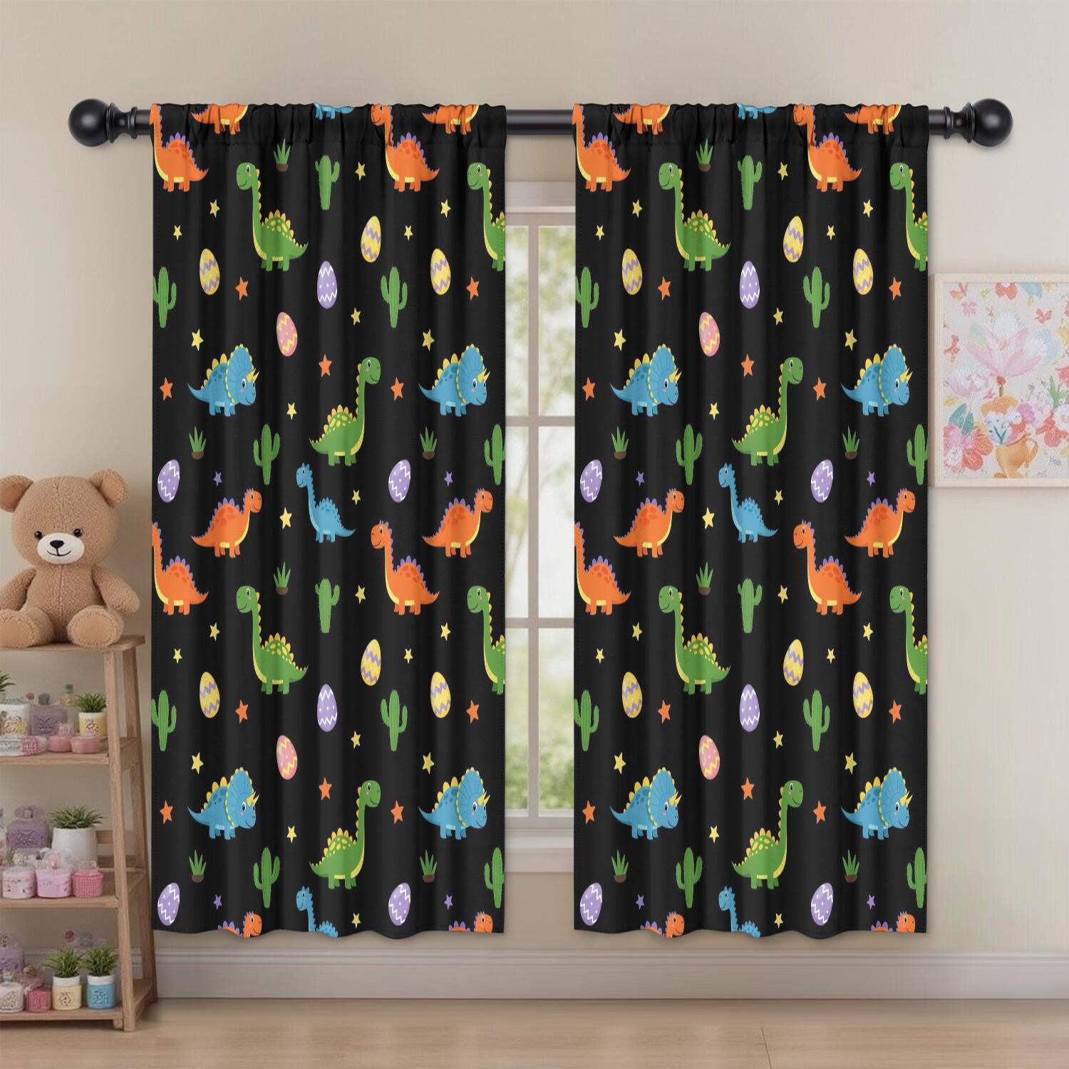 Blackout Kids Curtains,Black Dinosaurs Eggs Cacti Pattern Childrens Insulated Curtains Set Of 2,Bedroom Essentials,Toddler Room Decor 52"x63"