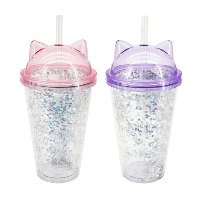 Set de vasos con popote My Shop Gato glitter rosa y morado 370ml