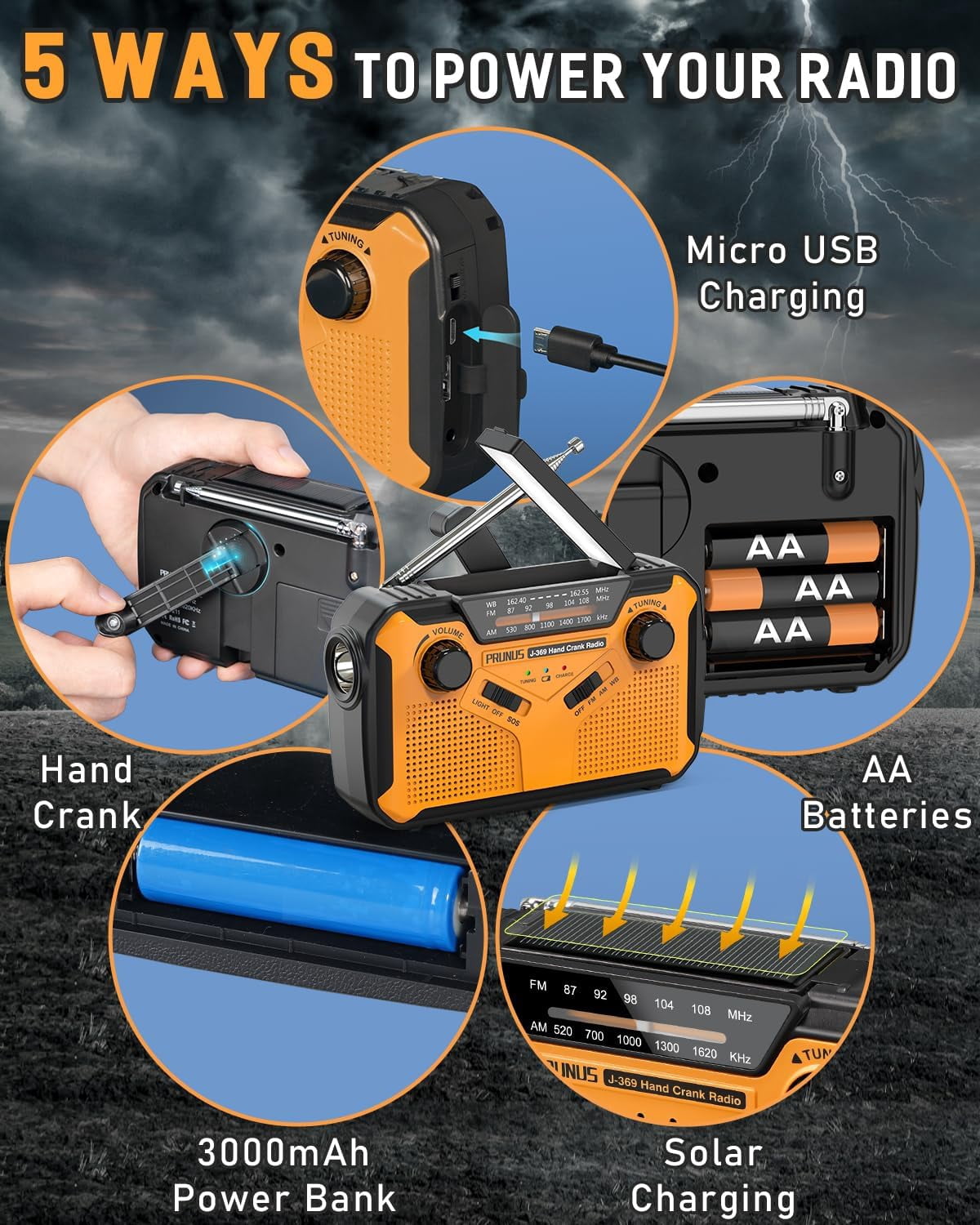 J-369 11100mWh Emergency Weather Radio, AA Batteries/Hand Crank/Solar/USB Charging, NOAA/AM/FM, LED Flashlight and Reading Lamp,SOS Alarm & Flashlight Portable